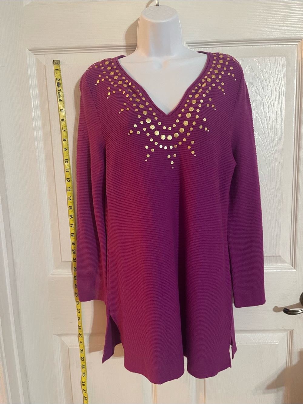 Peck & Peck Purple V-Neck Tunic with Gold Stud Accents